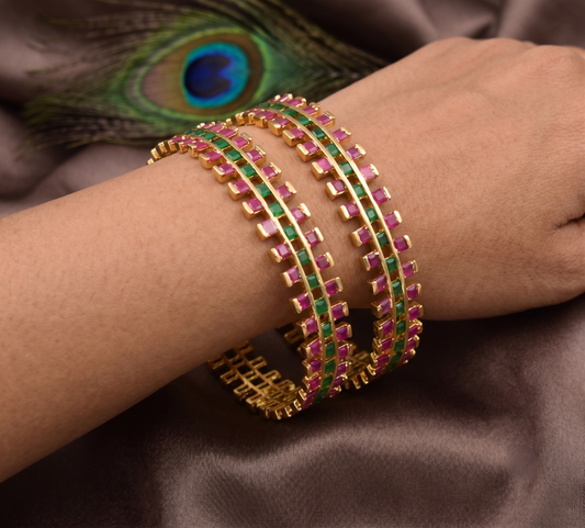 Gold tone ruby-emerald square stone bangles (2.4) dj-04775