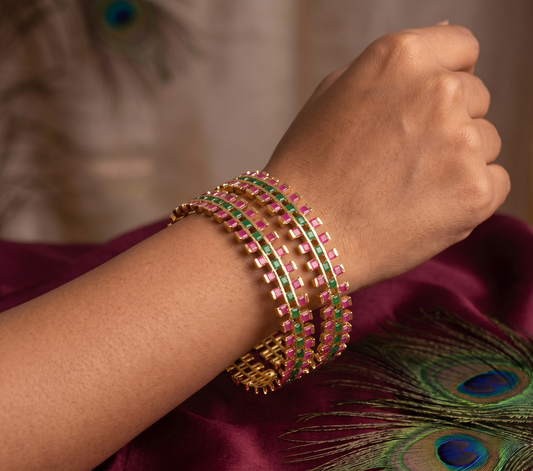 Gold tone ruby-emerald square stone bangles (2.6) dj-04776