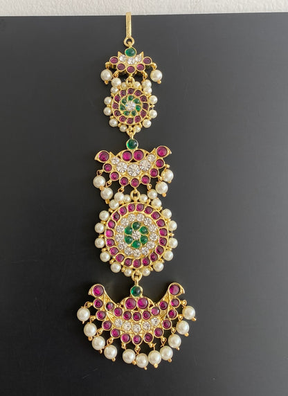 Gold tone semi precious kemp-green pearl maang tikka dj-30220