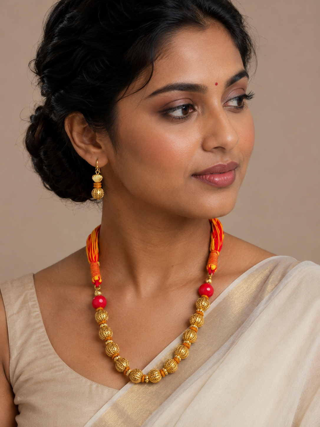 Beautiful Handmade Designer Golden Balls Red-yellow Necklace Set-dj04781