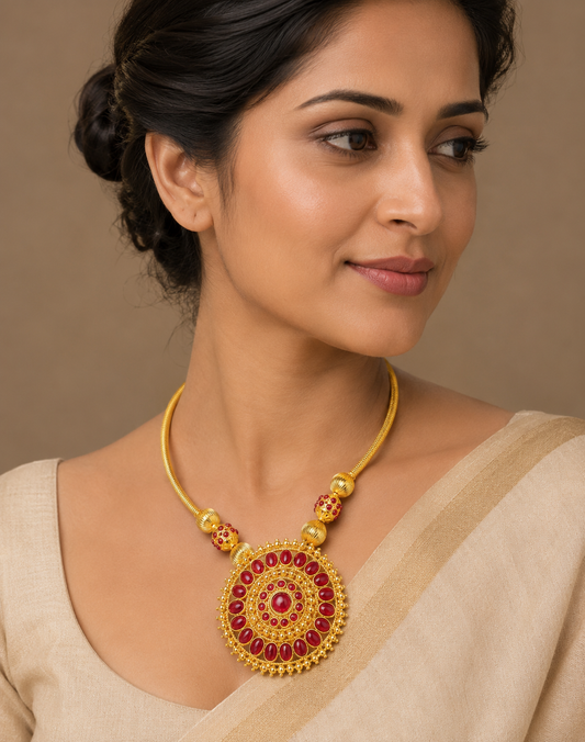 Antique Gold Tone Handmade Kemp Round Pendant Hasli Necklace-dj04784