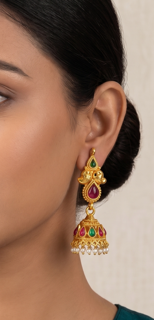 Antique gold tone kemp-green mango Jhumkkas dj-04796