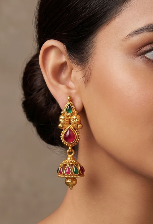 Antique gold tone kemp-green mango jhumkkas dj-04799