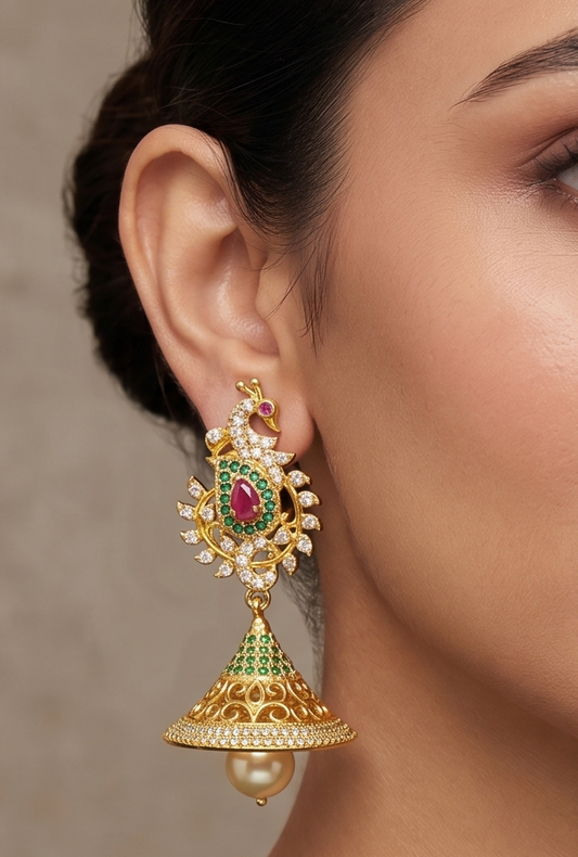 Gold Tone Cz Kemp-green Peacock Jhumkka-dj04800