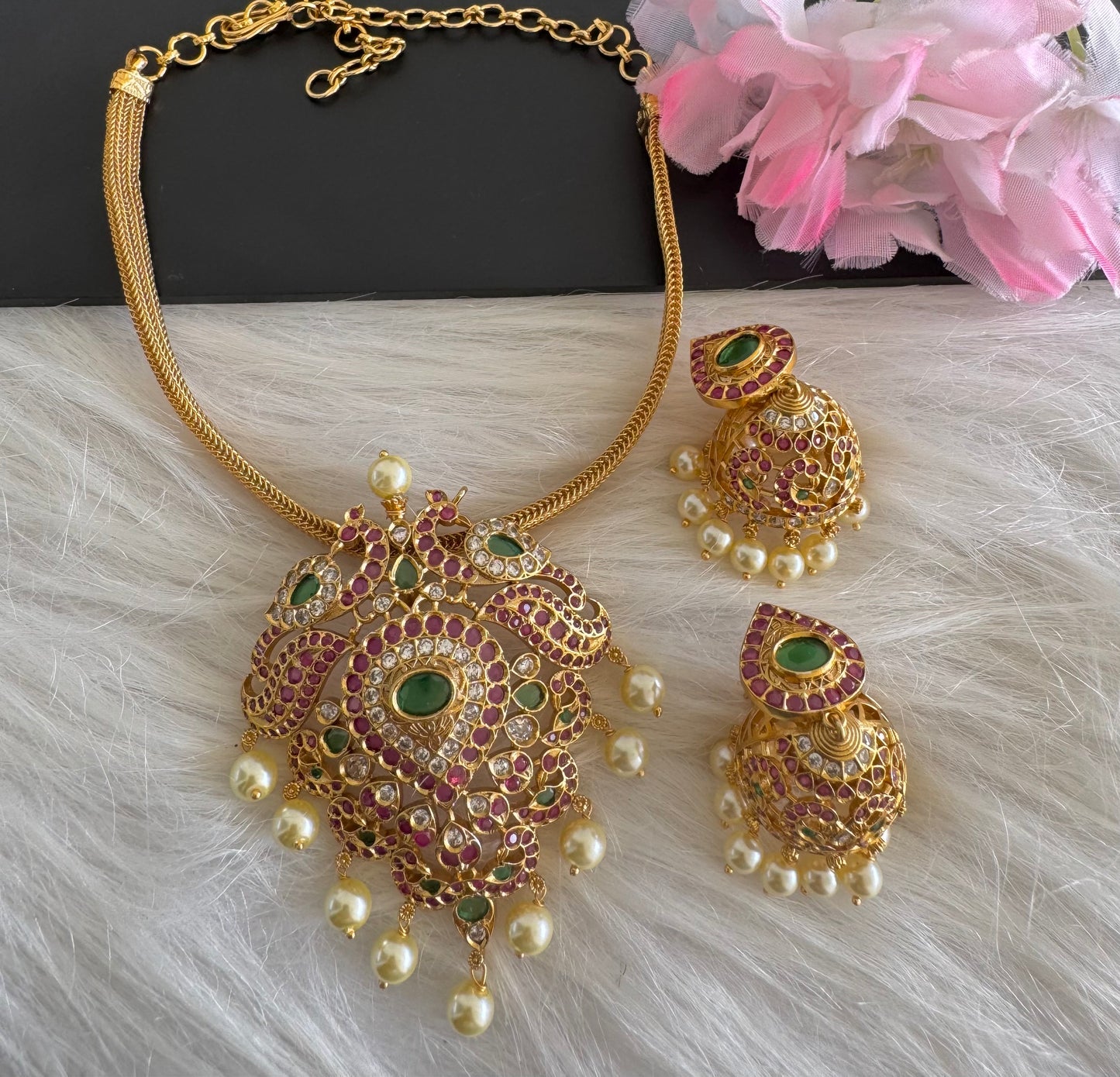 Matte finish cz ruby-green peacock necklace set dj-51227