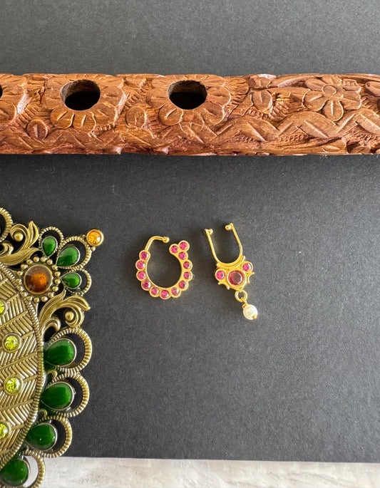 Gold tone AD pink nathu-bulakku(nose pin) dj-52039
