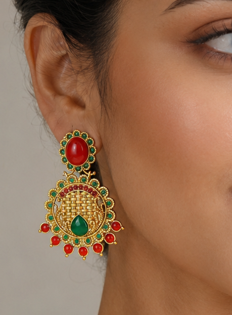 Matte Finish Red-green Party Wear Earrings dj-04850