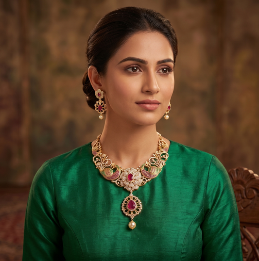 Gold tone cz-ruby-emerald necklace set dj-04860