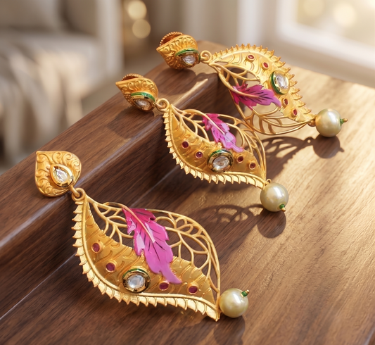 Lovely Matte Finish Kundan Pink Meenakari Leaf Pendant Set -dj04897
