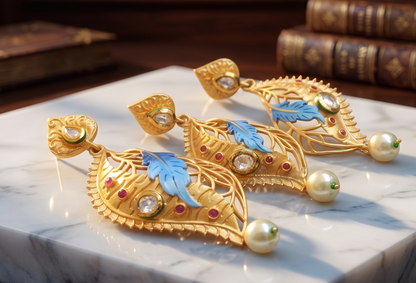Lovely Matte Finish Kundan Blue Meenakari Leaf Pendant Set -dj04898