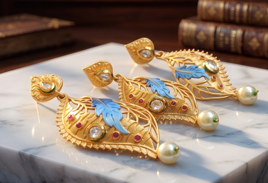 Lovely Matte Finish Kundan Blue Meenakari Leaf Pendant Set -dj04898
