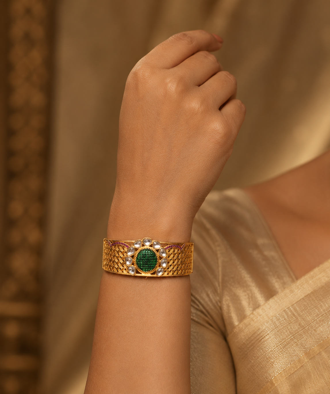 Matte Finish Kundan Green-pink kada/Bracelet-dj04899