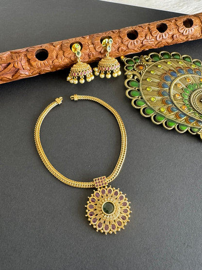 Antique gold tone kemp-green kerala style necklace set dj-52077