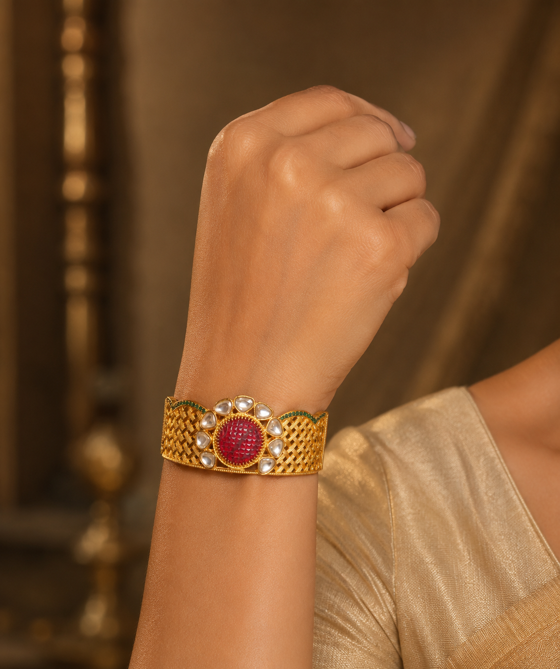 Matte Finish Kundan Pink-green kada/Bracelet-dj04900