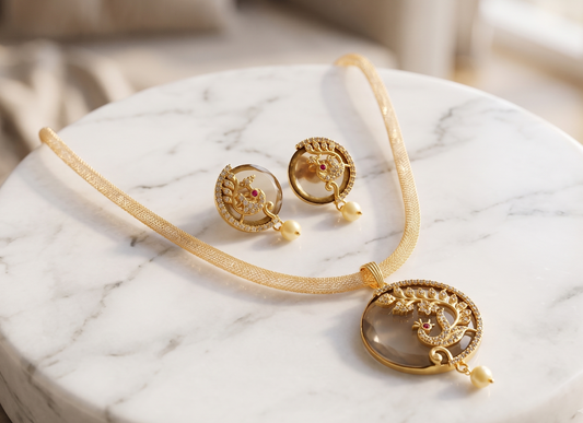 Gold tone Cz-grey peacock necklace set dj-04920