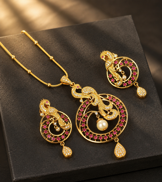 Beautiful Gold Tone Cz-ruby Peacock Designer Necklace Set-dj04948