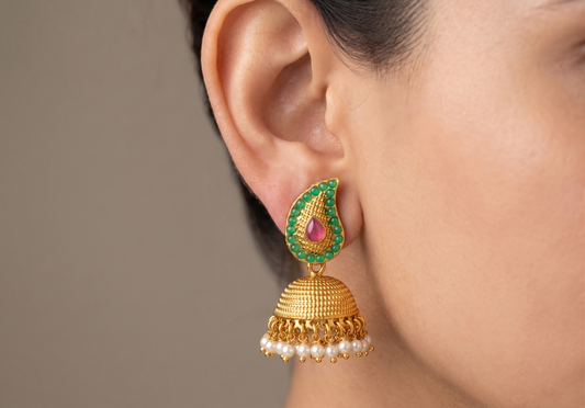 Antique Pink-green pearl Mango Jhumkkas-dj04957