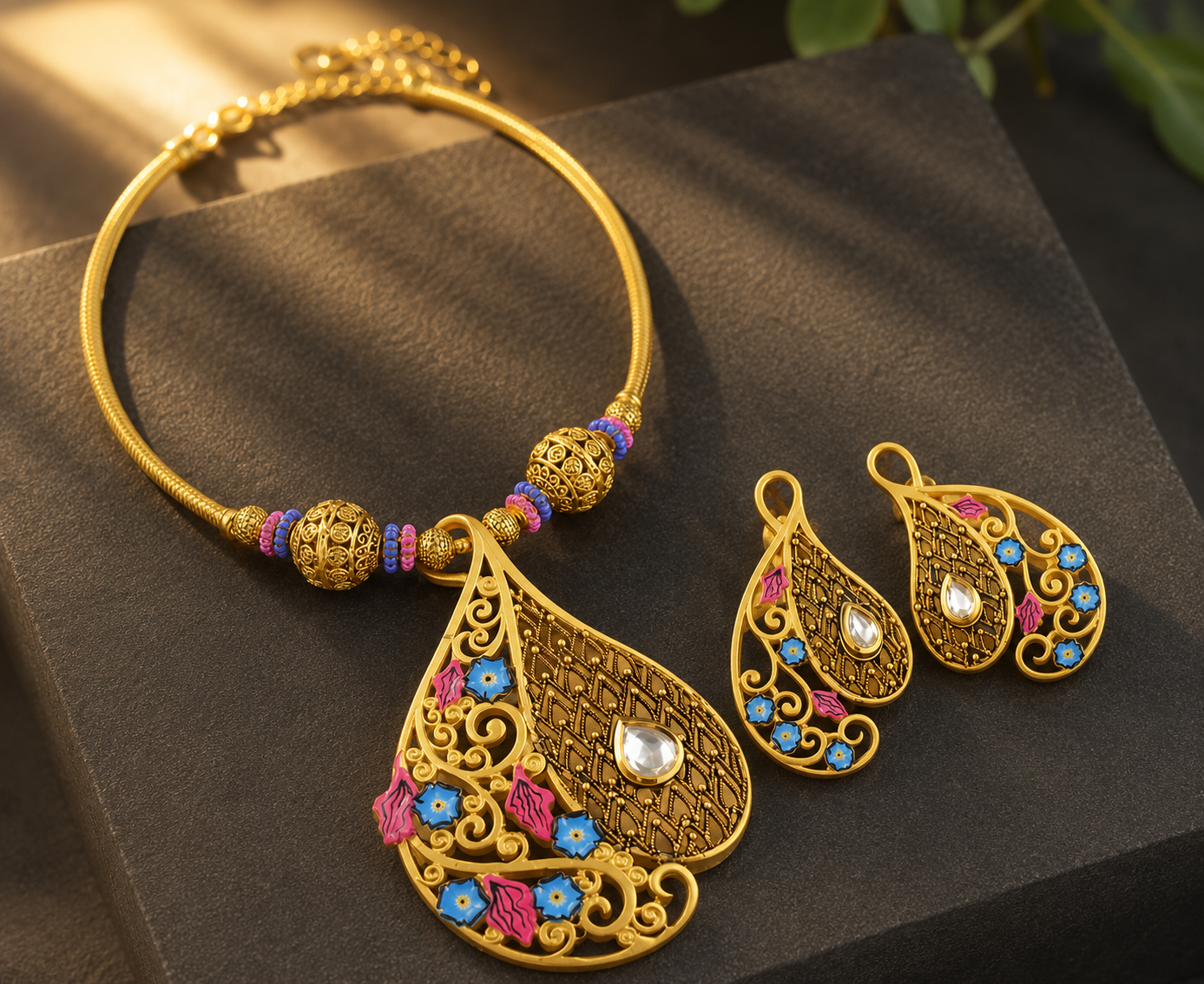 Antique Gold Tone Pink-blue Meenakari flower Hasli Necklace Set-dj04973