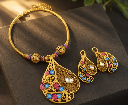 Antique Gold Tone Pink-blue Meenakari flower Hasli Necklace Set-dj04973