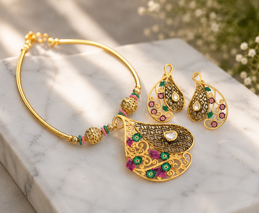 Antique gold pink-green meenakari Hasli necklace set dj-04976