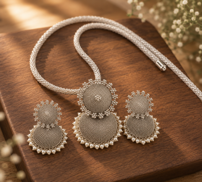 Oxidized Silver Jhumkka Pendant Necklace Set-dj04979