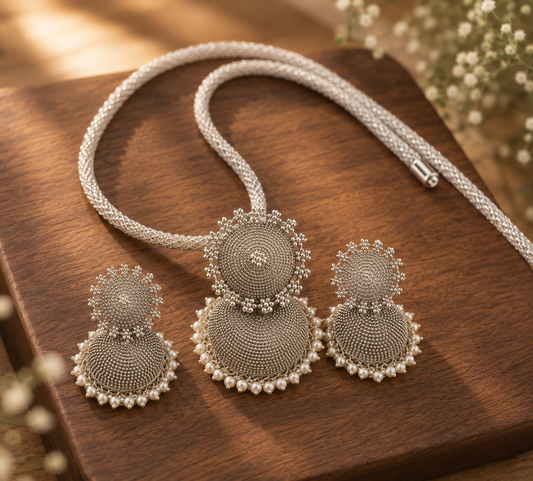 Oxidized Silver Jhumkka Pendant Necklace Set-dj04979
