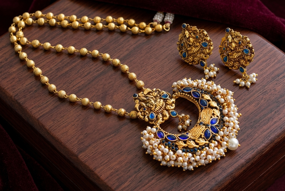 Antique blue lakshmi pearl cluster pendant necklace set dj-04987