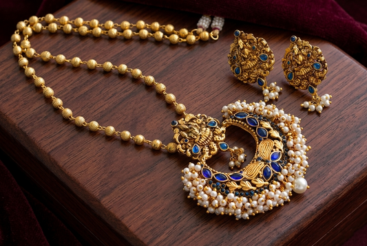 Antique blue lakshmi pearl cluster pendant necklace set dj-04987