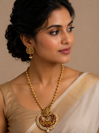 Lovely Antique Gold Tone Pink Lakshmi Pearl Cluster Pendant Necklace Set-dj04988