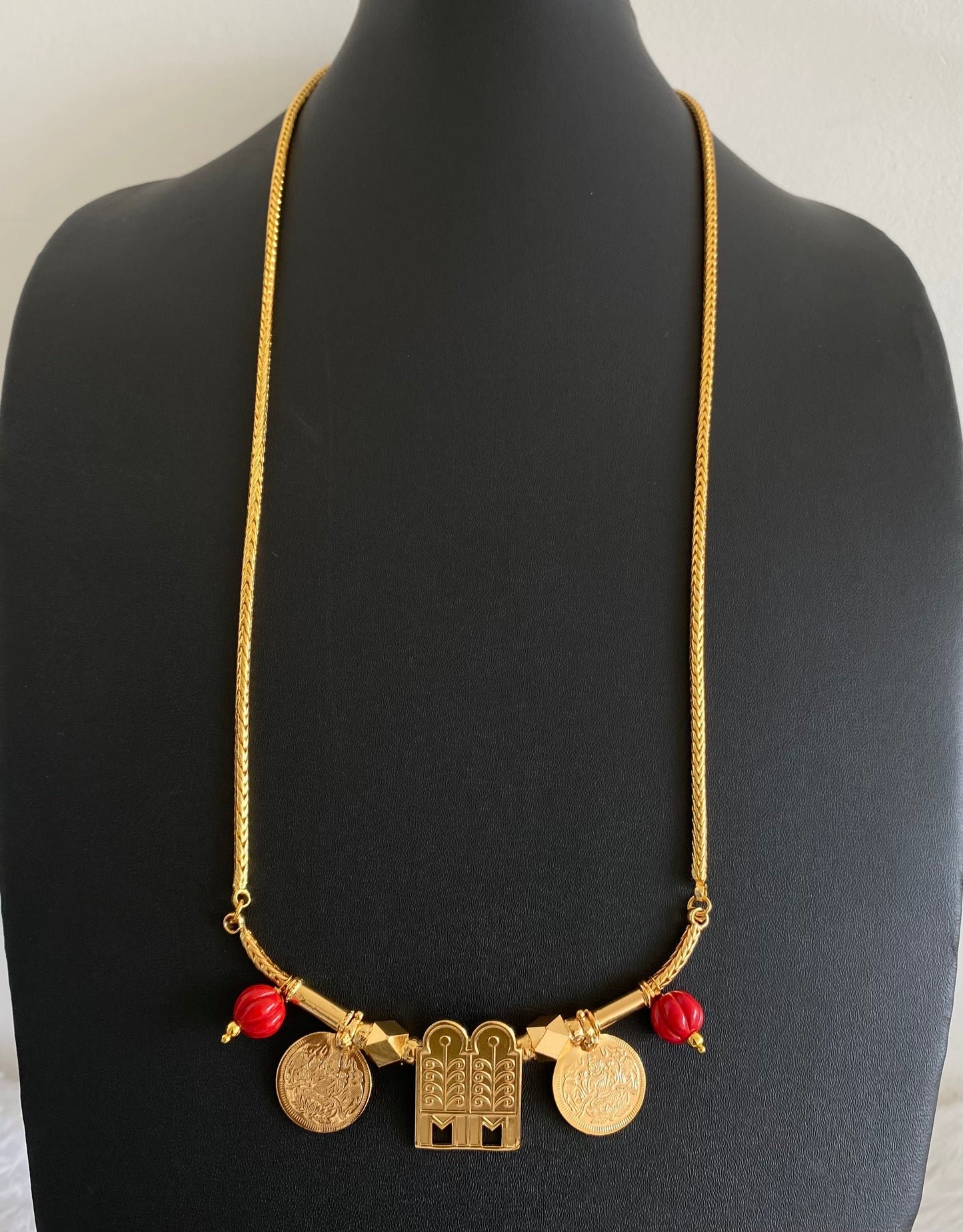 Gold tone 24 inches chain with coral bead lakshmi coin thulasi mangalyam dj-54376