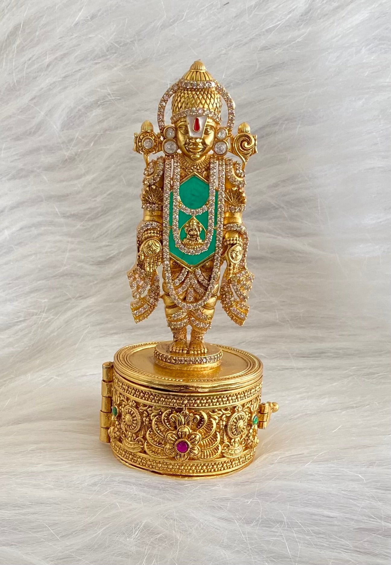 Gold tone pink -green shri thirumal kumkum box dj-54221