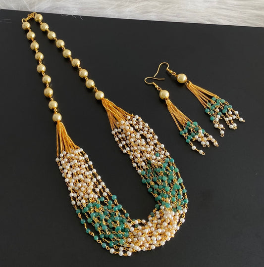 Gold tone green beaded pearl multilayer necklace set dj-54211