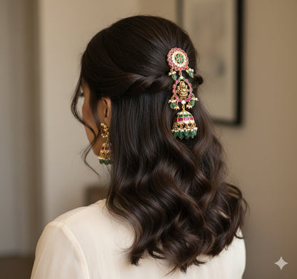 Gold tone pink-green kundan jadau Lakshmi hair jewel dj-52372