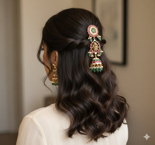 Gold tone pink-green kundan jadau Lakshmi hair jewel dj-52372