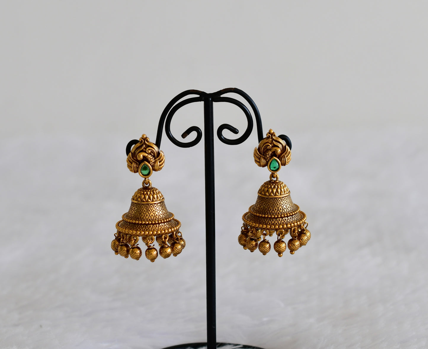 Antique gold tone green peacock bell shaped jhumkka dj-52546