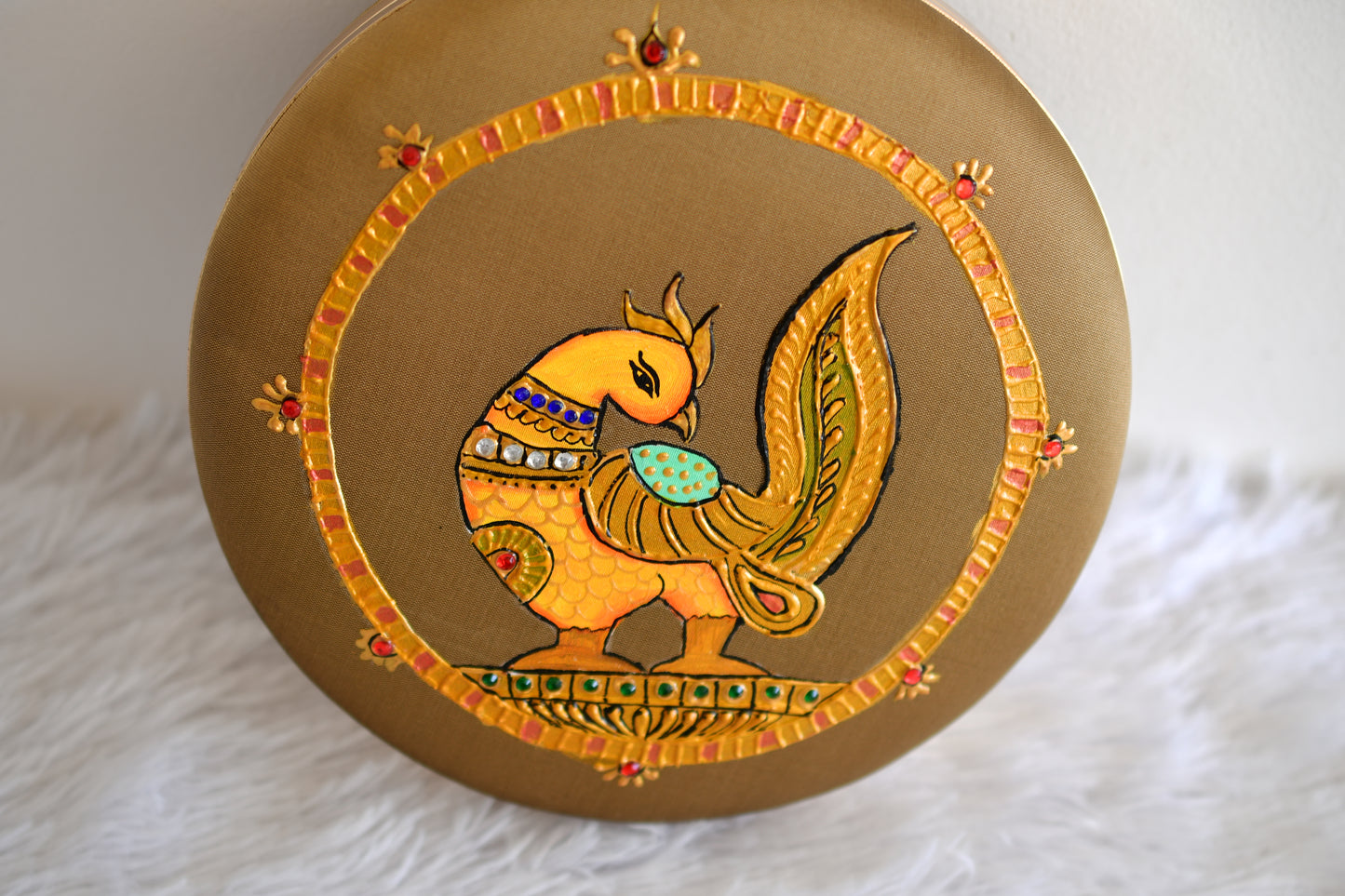Tanjore painted golden silk clutch dj-52649