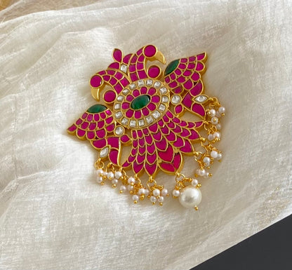 Gold tone pink-green-white kundan jadau ganda berunda pendant dj-52706
