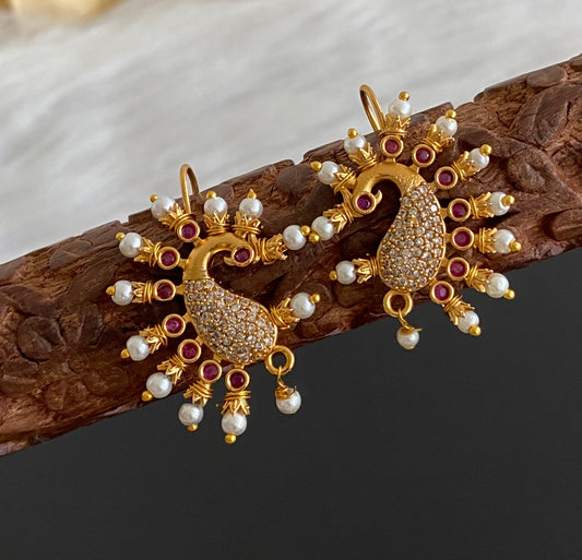 Matte gold white-pink stone pearl peacock bugadi earrings dj-53668