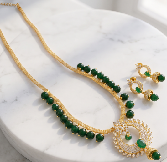 Lovely Gold Tone Cz-emerald Designer Necklace Set-dj05000