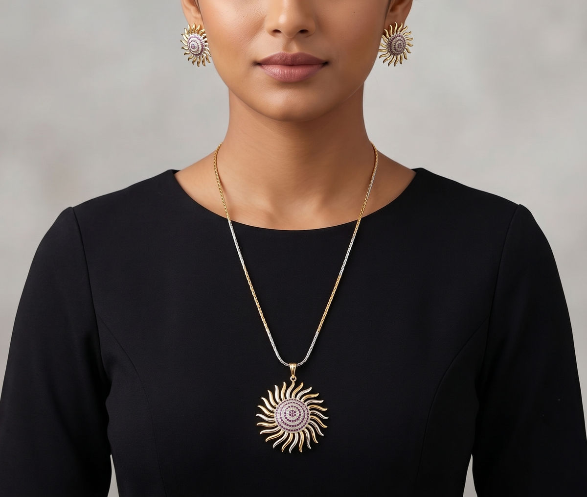 Two tone Cz-ruby Sun flower Designer Necklace Set-dj05009