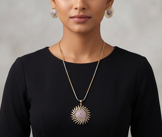 Two tone Cz-ruby Sun flower Designer Necklace Set-dj05009