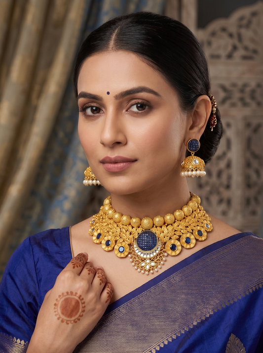 Royal 1 Gram Gold-plated Blue Kundan Bridal Choker Necklace Set dj-05027