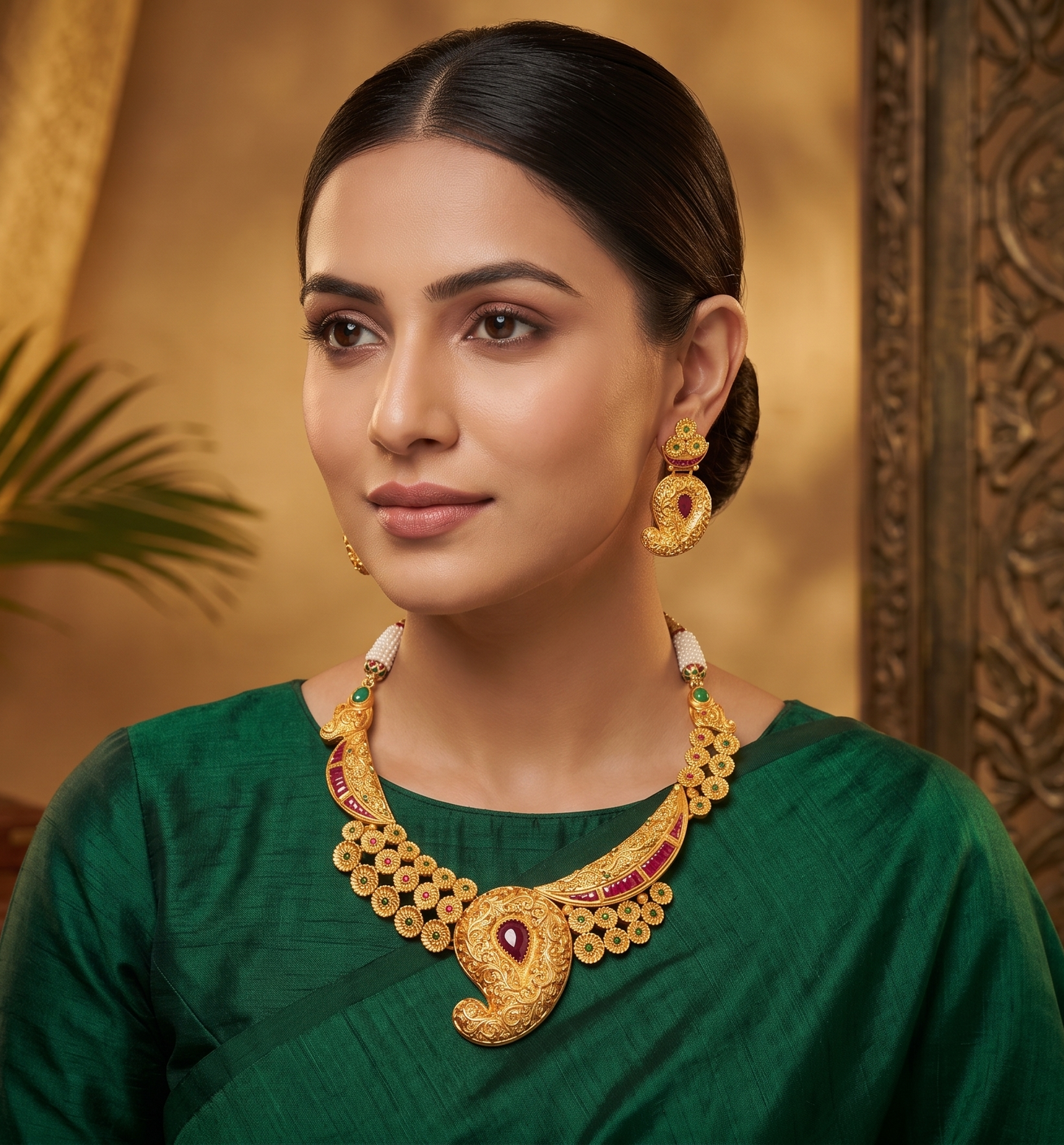 Royal 1 Gram Gold-plated Ruby-green Mango Bridal Necklace Set-dj05032