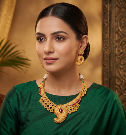 Royal 1 Gram Gold-plated Ruby-green Mango Bridal Necklace Set-dj05032