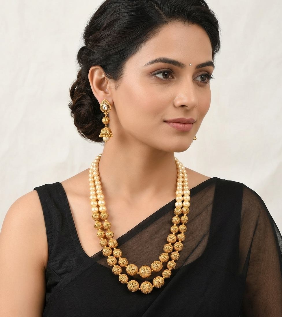 Antique gold tone Pearl beaded Double Layer Necklace Set-dj05049