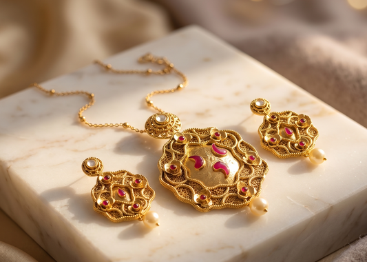 Antique gold tone kundan Maroon Necklace Set-dj05052