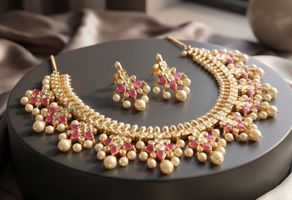 Gold tone pearl ruby gutta pusalu necklace set-dj05054