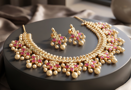 Gold tone pearl ruby gutta pusalu necklace set-dj05054