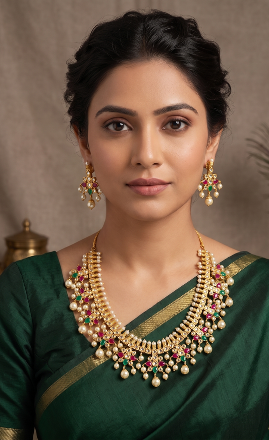 Gorgeous Gold Tone Pearl Ruby-emerald Necklace Set-dj05055