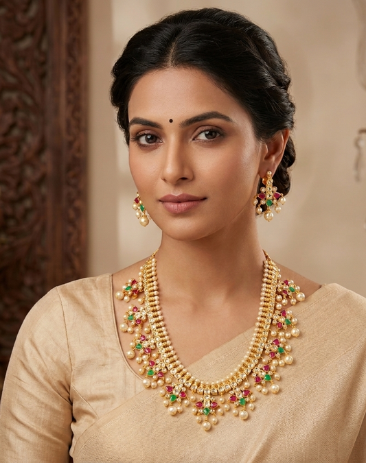 Gorgeous Gold Tone Pearl Ruby-emerald Necklace Set-dj05055